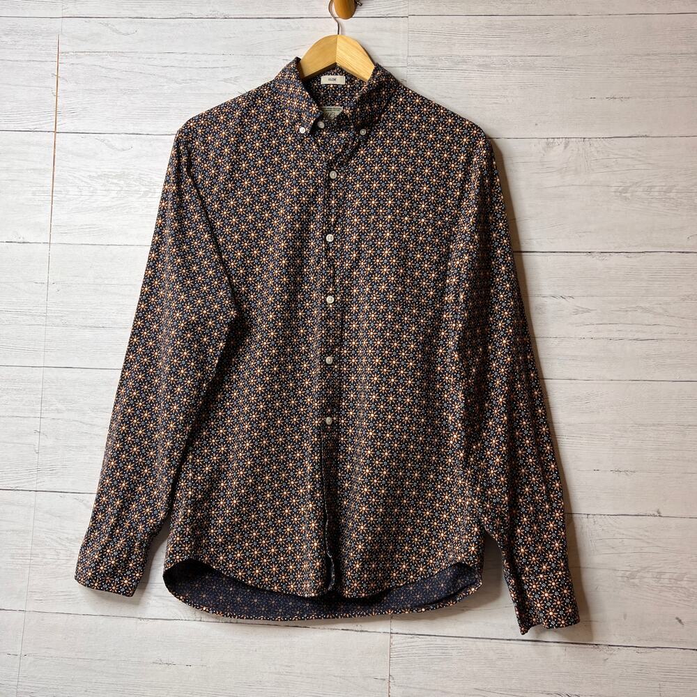 J Crew Shirt Mens SZ Medium Blue & Gold Geometric Floral Organic Cotton Stretch